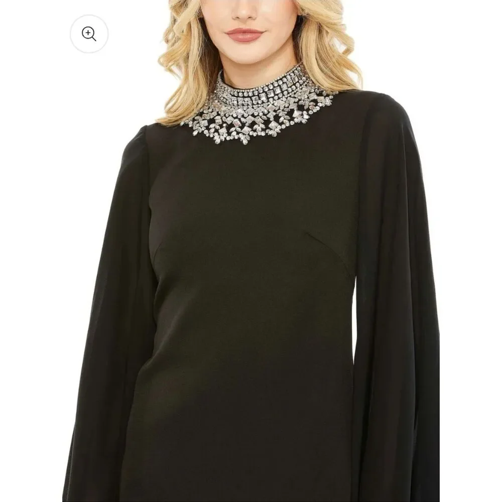 Mac Dugal Black Embellished Neck Bell-Sleeve Mini Dress SIZE 2 NWT 59607